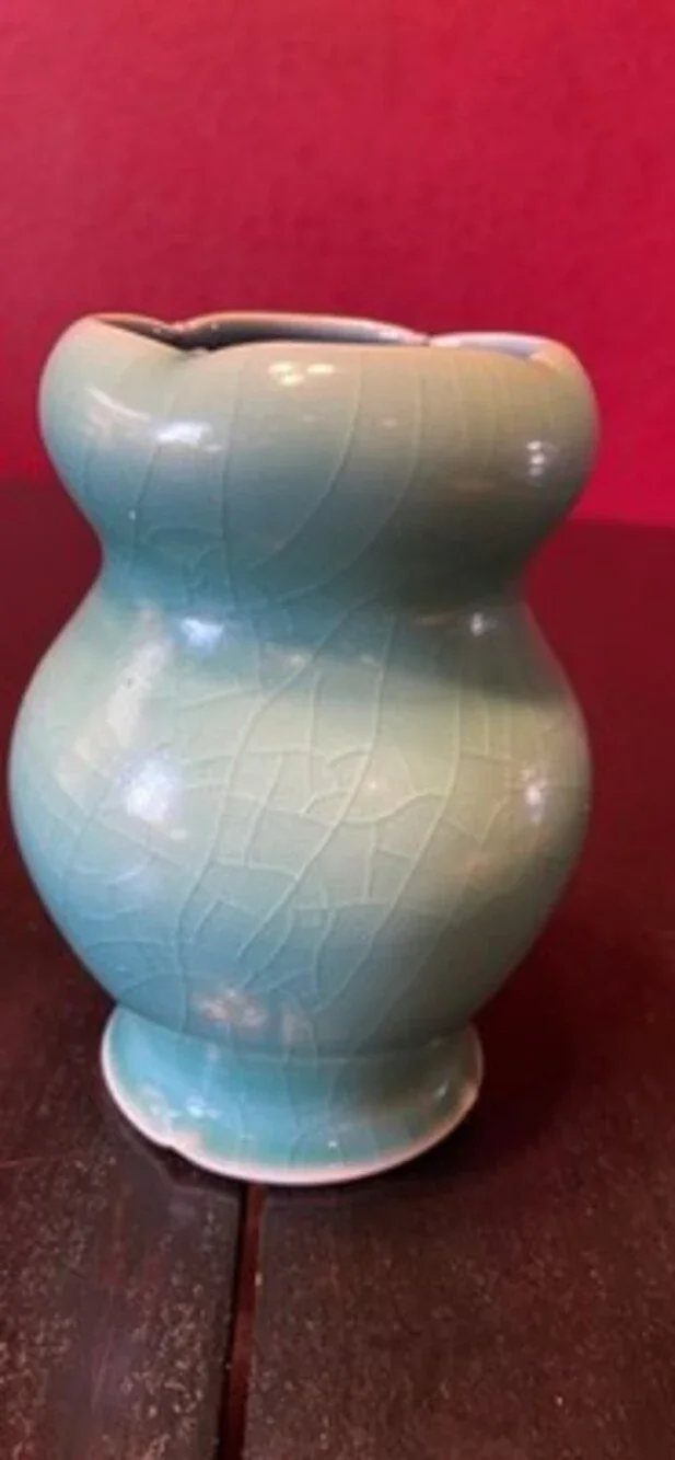 Rachel Euting Handmade Ceramic Vase Turquoise & Light Blue Crackle 6 Inch Signed